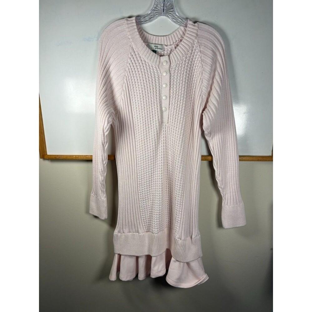 Anthropologie Daily Practice Twofer Waffle Knit Sweater Dress M Pink Ruffle - Picture 2 of 8